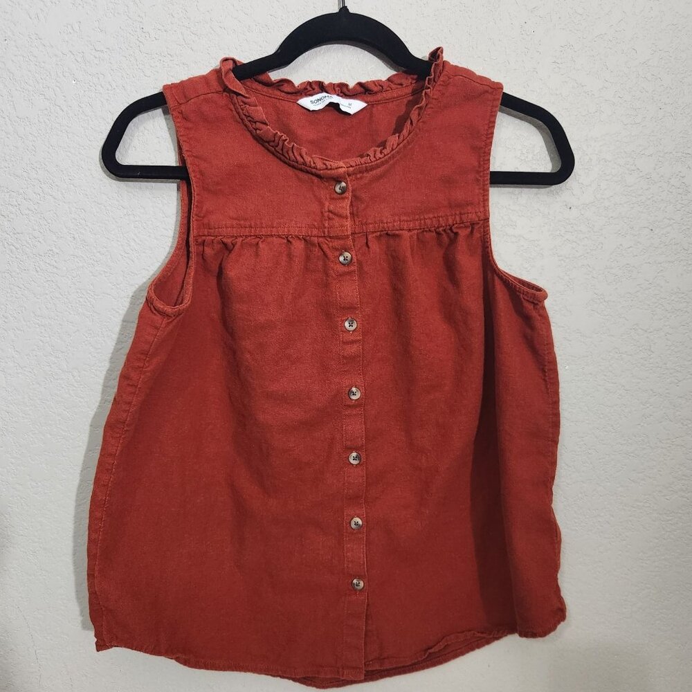 Sonoma Top Womens Medium Sleeveless Rust Button-Front Linen Blend Cottagecore